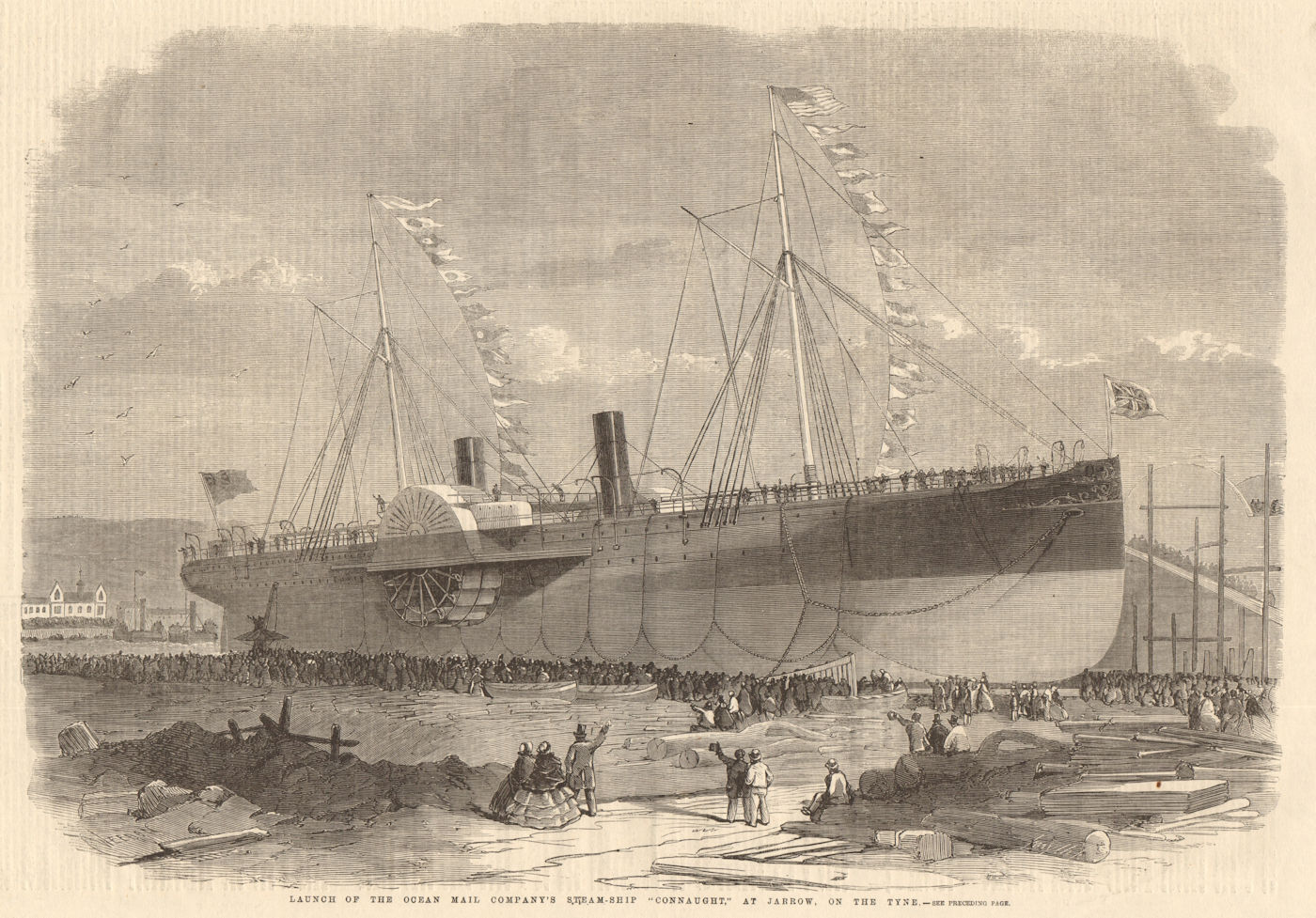 Associate Product Launch of the Ocean Mail Company's steam-ship Connaught at Jarrow, Tyneside 1860