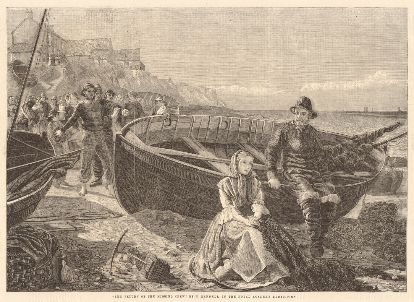The return of the missing crew by F. Barwell. Fishermen. Ships 1860 old print