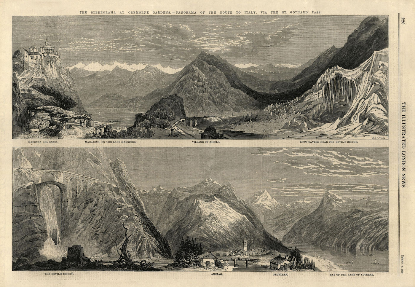 St. Gothard Pass panorama: Madonna del Sasso Magadino Airolo Devil's Bridge 1860