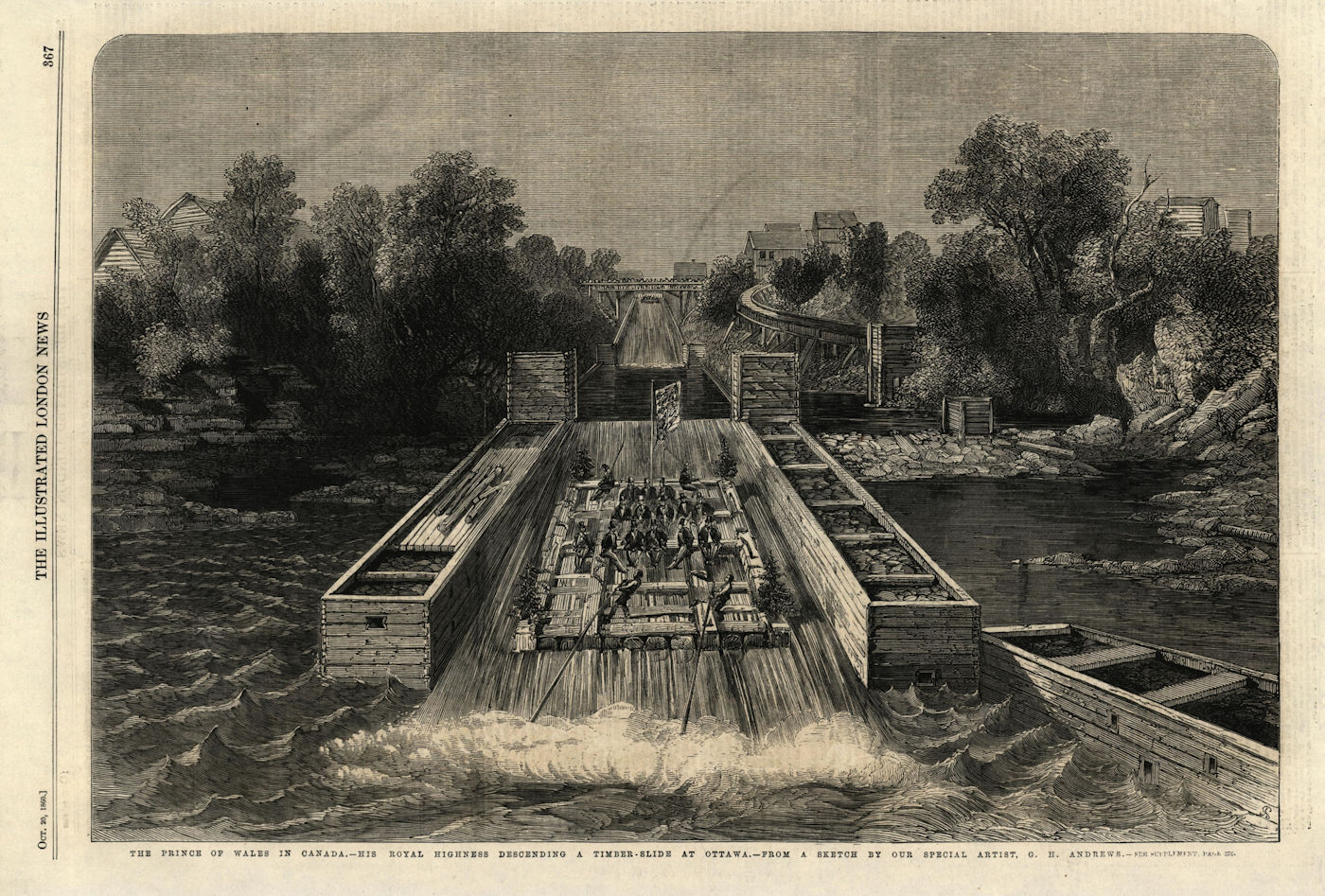 Associate Product Prince of Wales (Edward VII) descending a timber-slide at Ottawa, Canada 1860