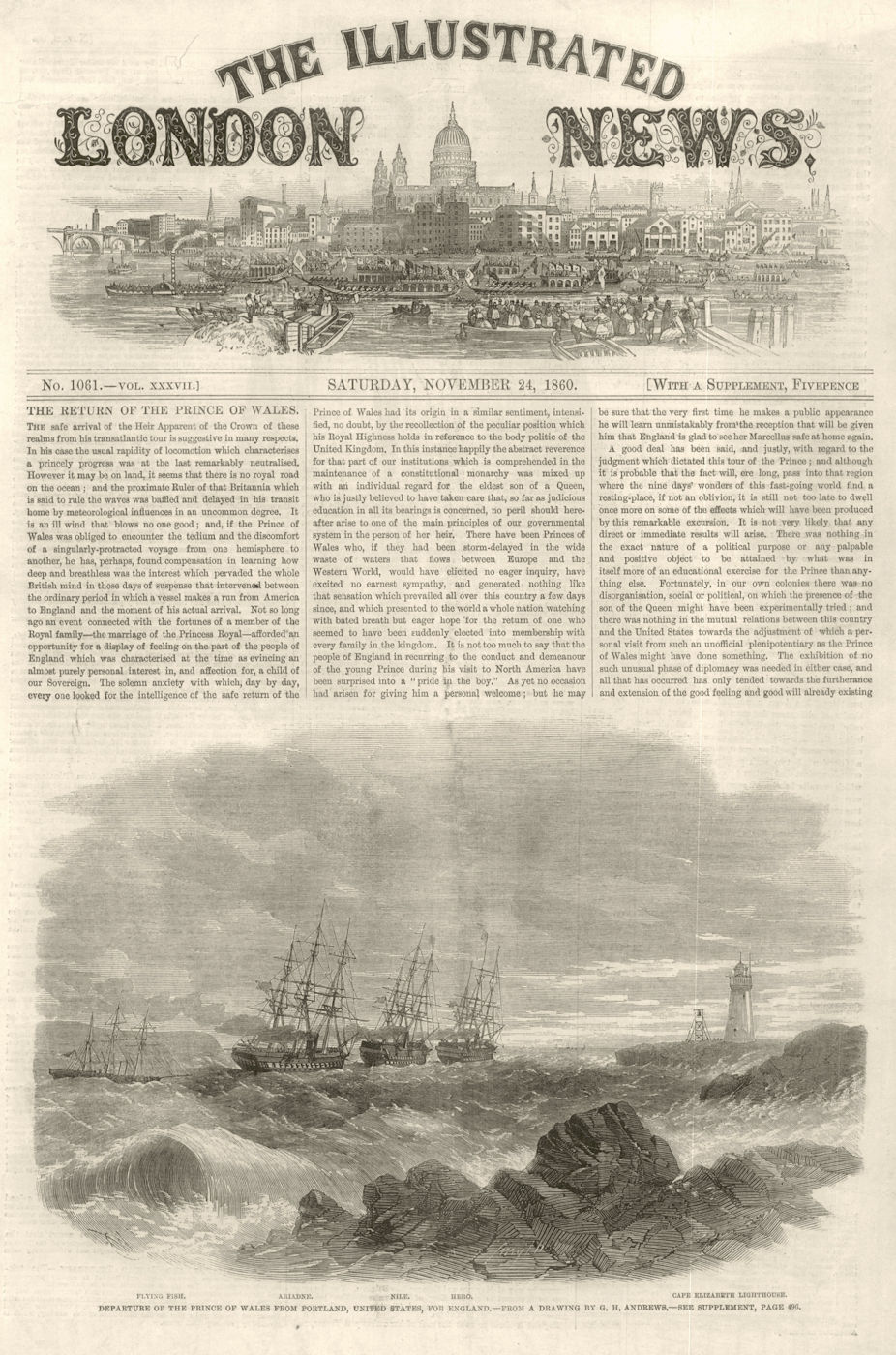 Prince of Wales leaving Portland, Maine. Cape Elizabeth Lighthouse 1860 print