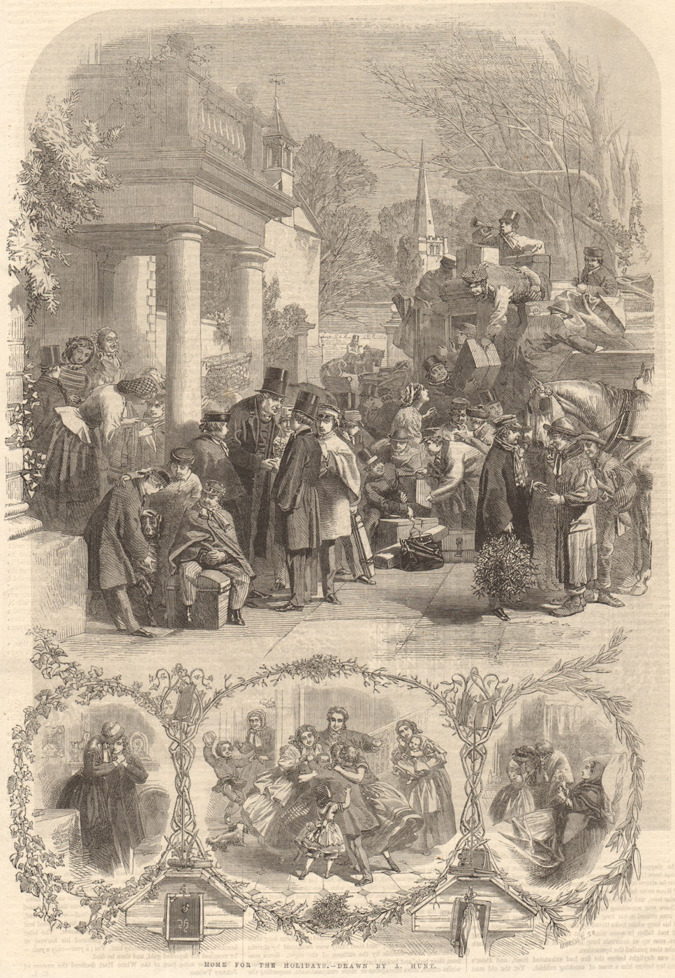 Home for the holidays - drawn by A. Hunt. Families. 1860 antique ILN full page