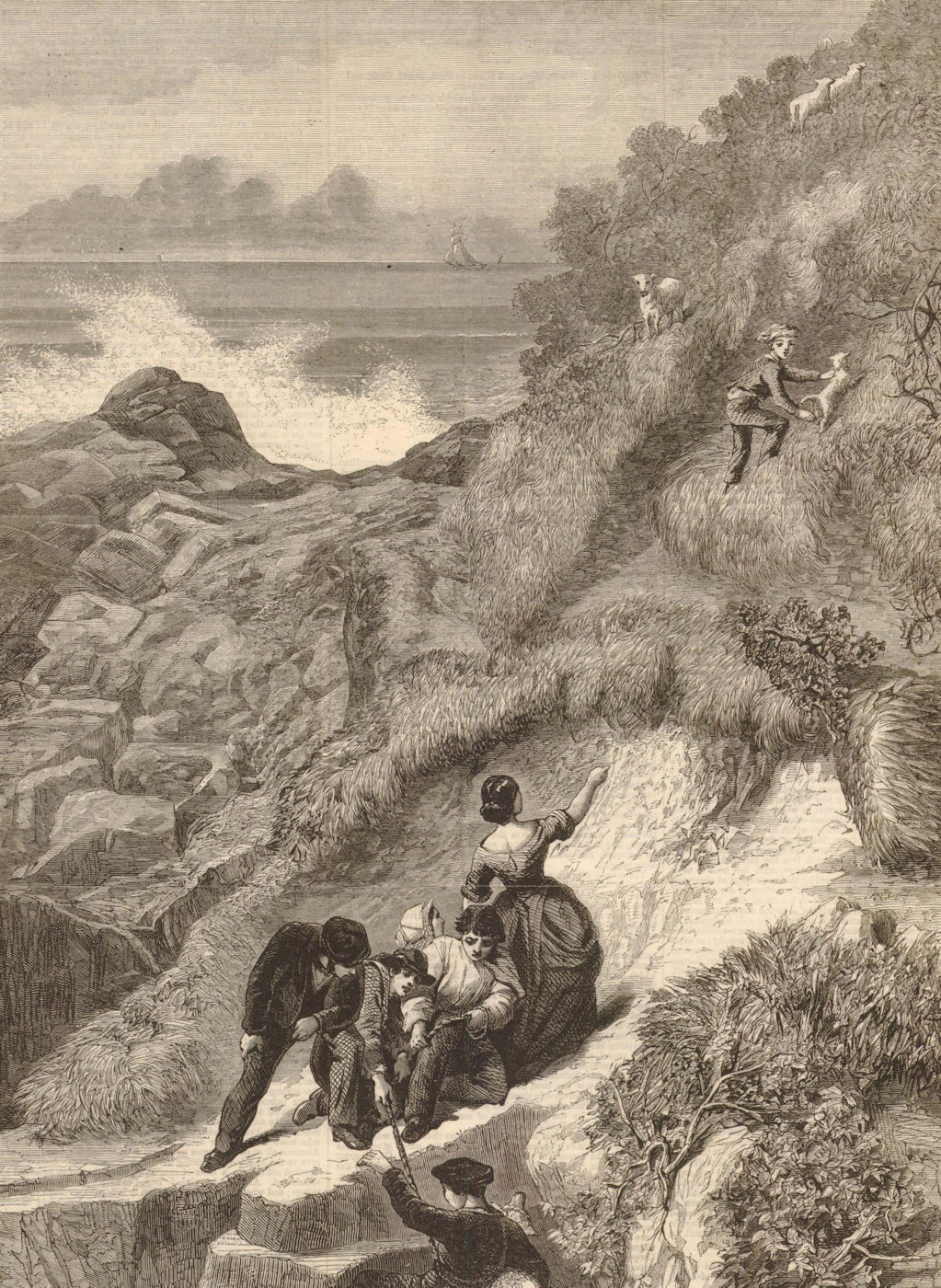 Associate Product " Gathering the flock: a scene on the Welsh coast, " by J & G Sant. Wales 1861