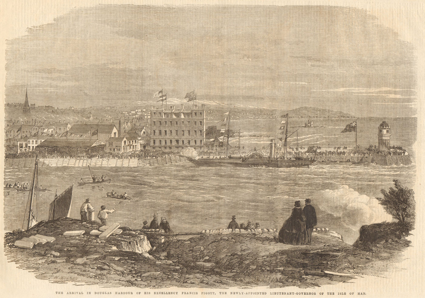 Associate Product Isle of Man. Lieutenant-Governor Francis Pigott arriving in Douglas harbour 1861