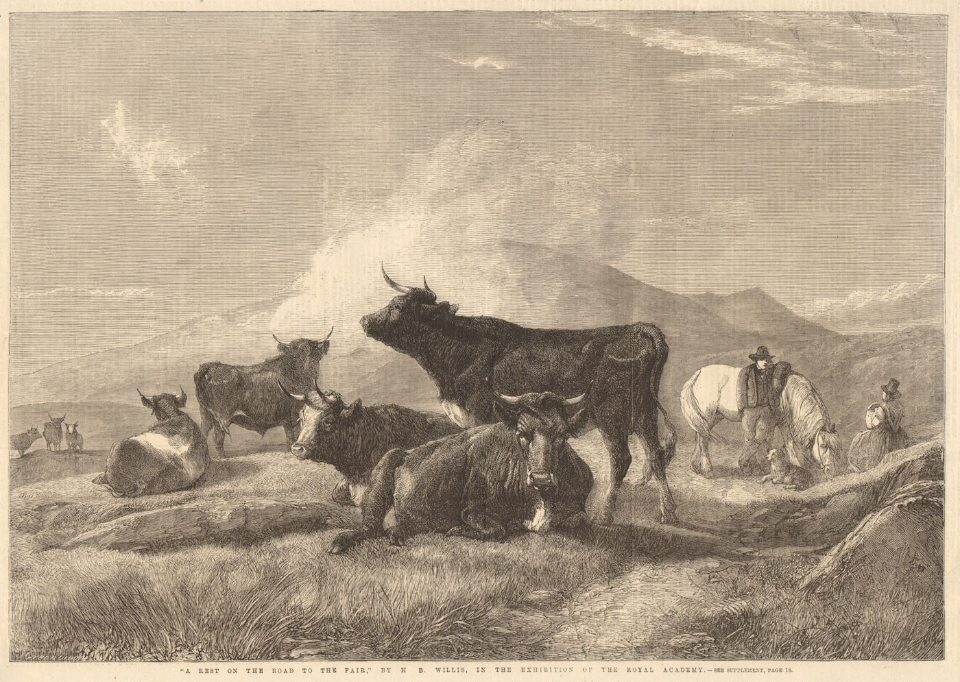 "A rest on the road to the fair "by H. B. Willis. Cattle. Fine arts 1861 print