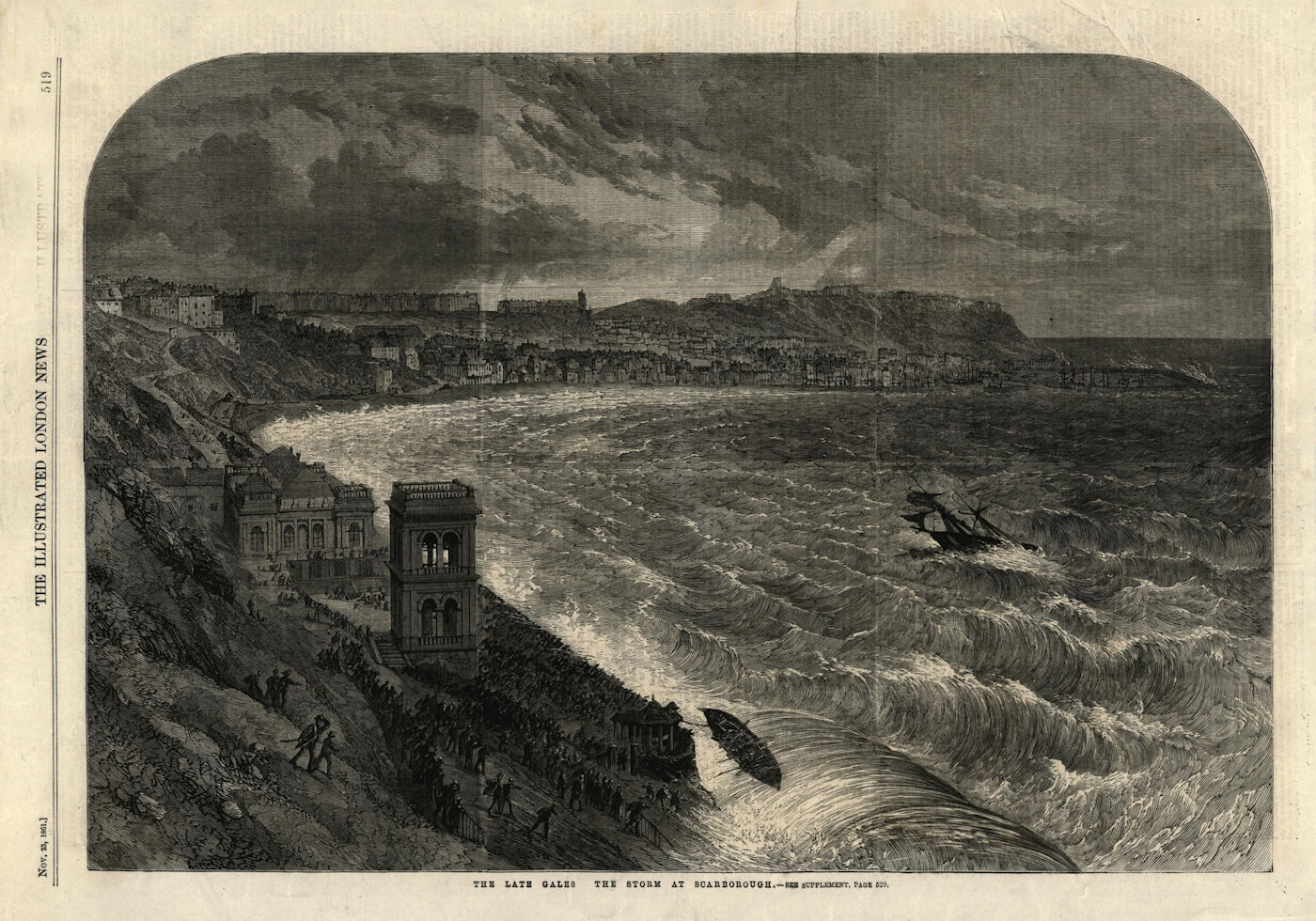 Associate Product The late gales: the storm at Scarborough. Yorkshire 1861 antique ILN full page