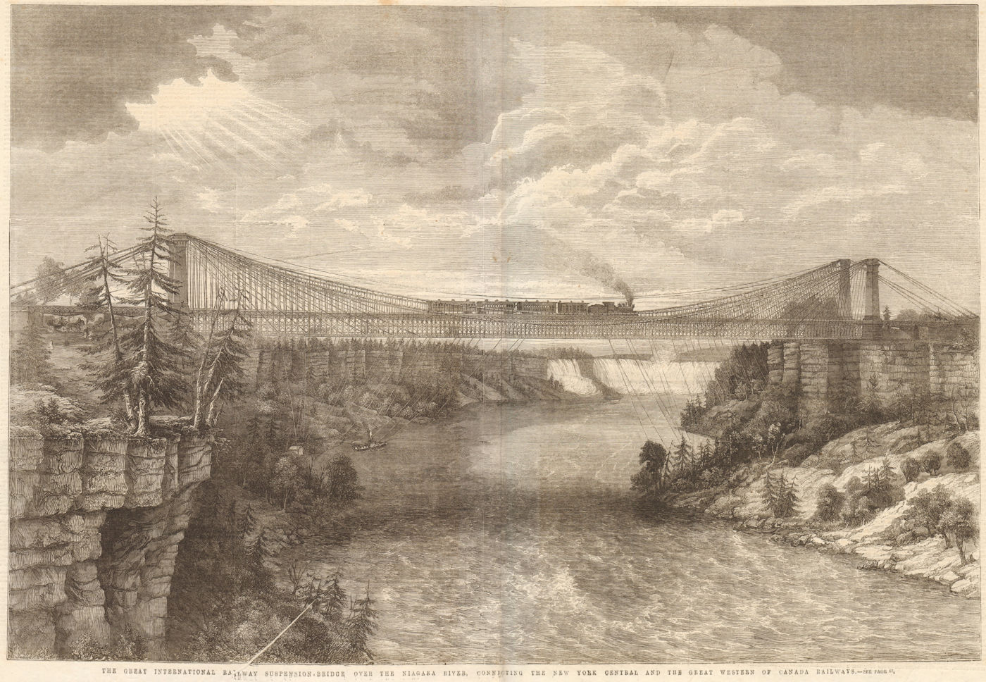 Niagara River suspension bridge. NY Central & Great Western Canada Railway 1862