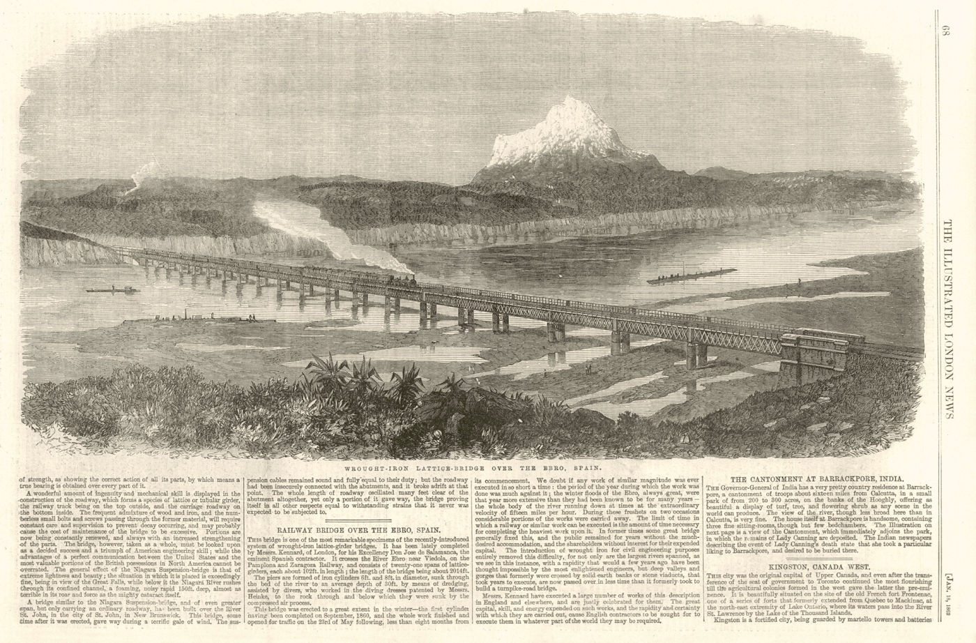 Wrought iron lattice bridge over the Ebro, Spain 1862 old antique print