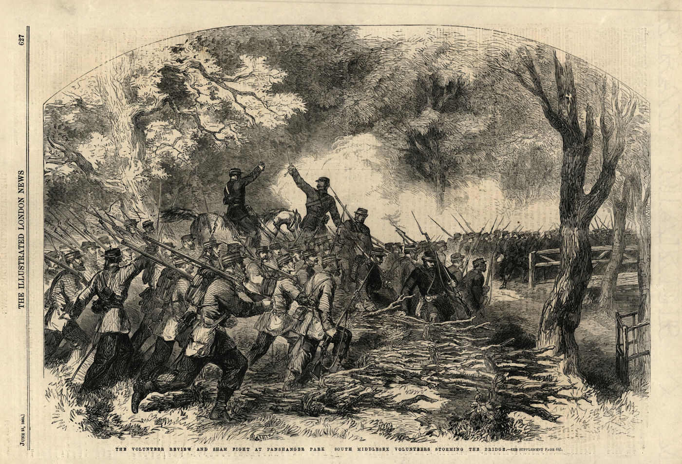 Panshanger Park manoeuvres. S. Middlesex Volunteers storm bridge. Hertford 1862