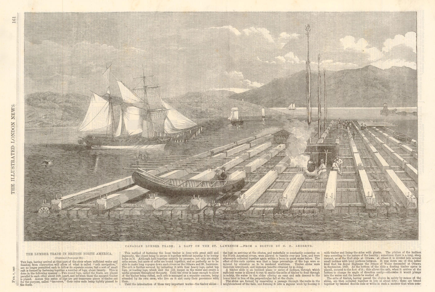 Canadian Lumber trade: A raft on the St. Lawrence. Ships 1863 old print
