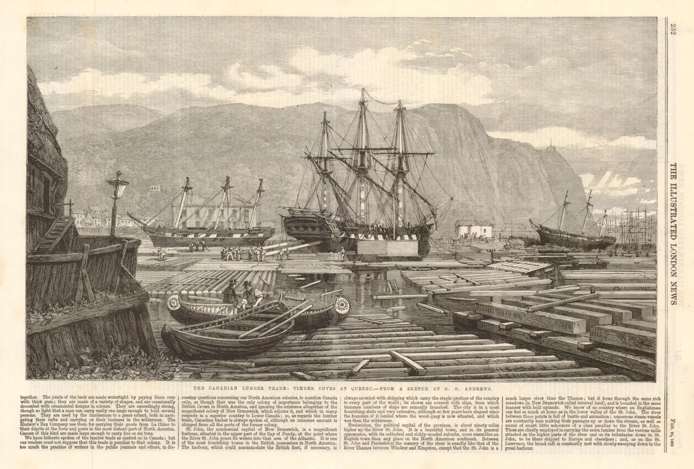 The Canadian Lumber trade: Timber coves at Quebec. Canada 1863 old print