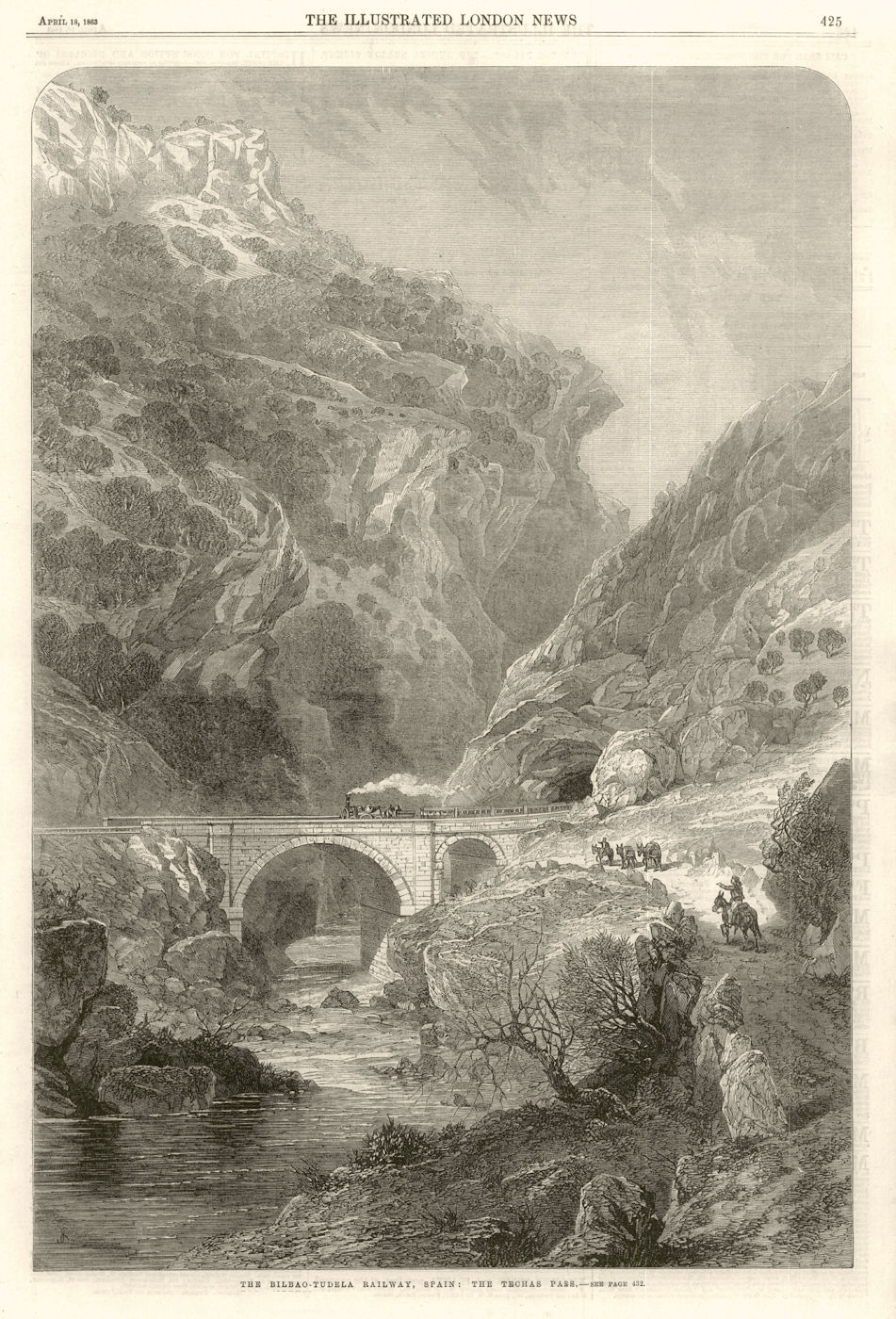 The Bilbao - Tudela Railway, Spain: The Techas pass 1863 old antique print