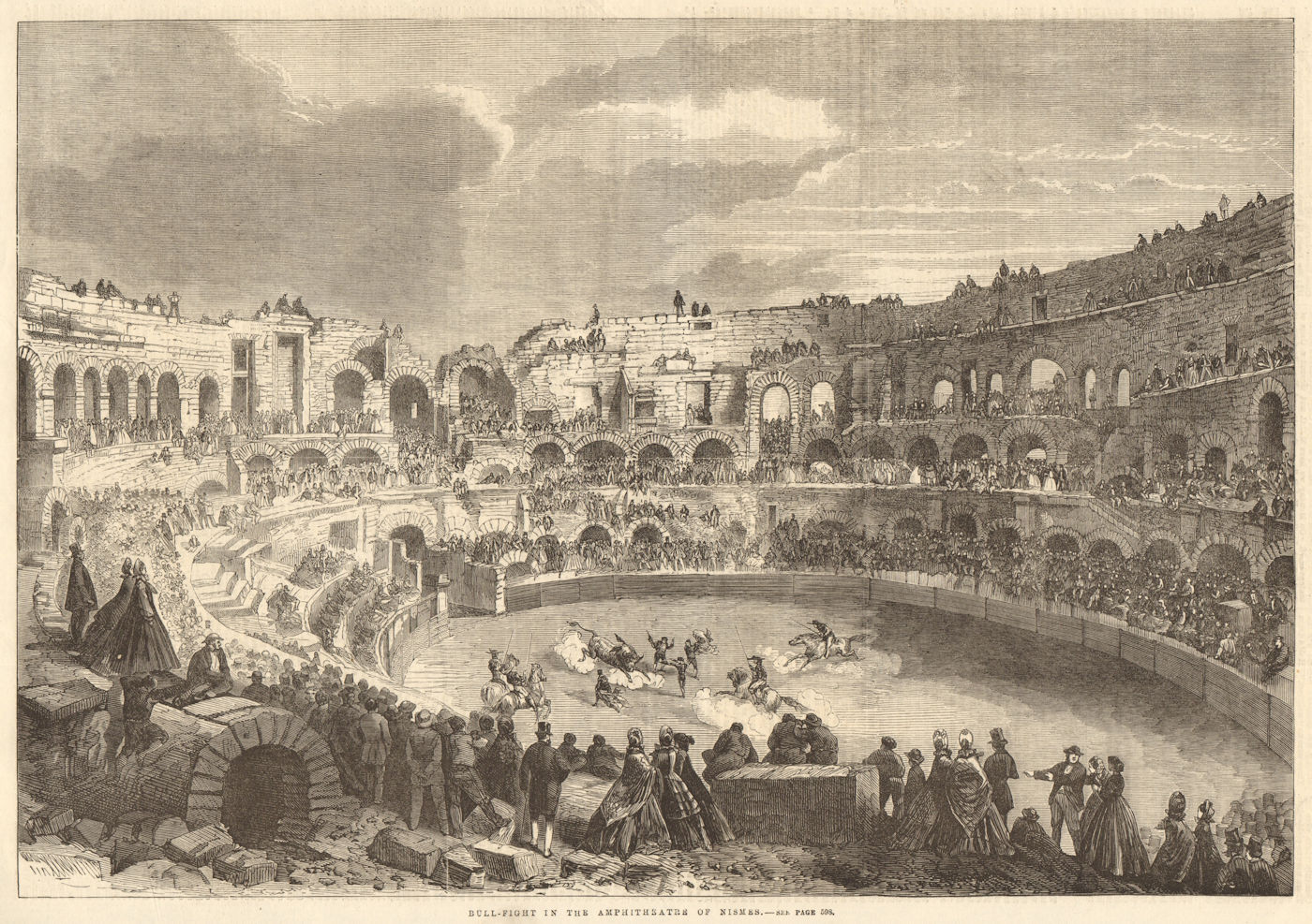 Associate Product Bull-fight in the amphitheatre of Nimes. Gard. Bull fighting 1863 ILN print
