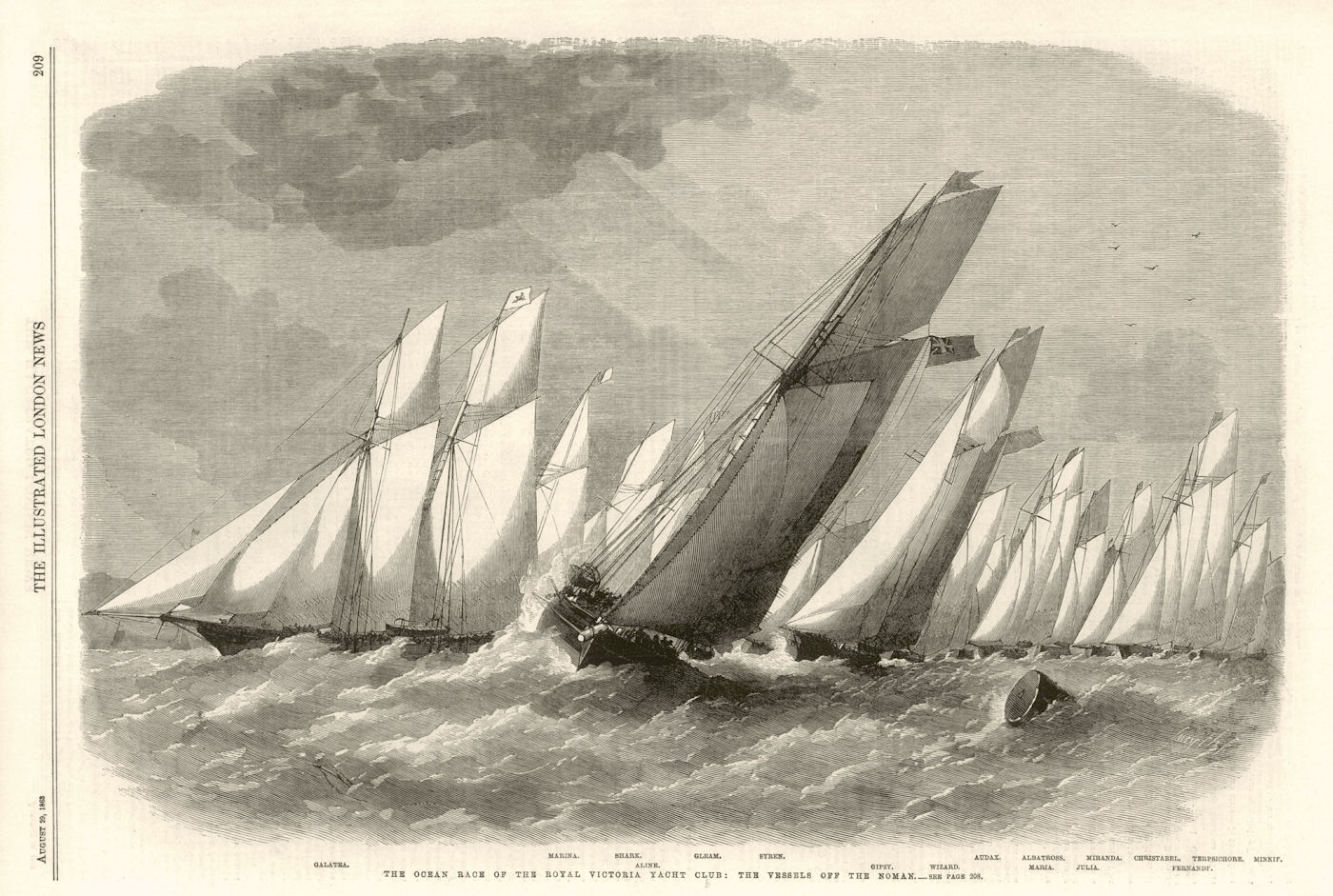Associate Product Royal Victoria Yacht club ocean race. Vessels off the Noman. Isle of Wight 1863