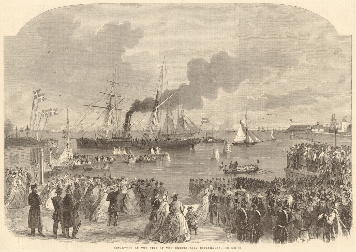 Departure of the King of the Greeks from Copenhagen. Denmark. Ships 1863 print