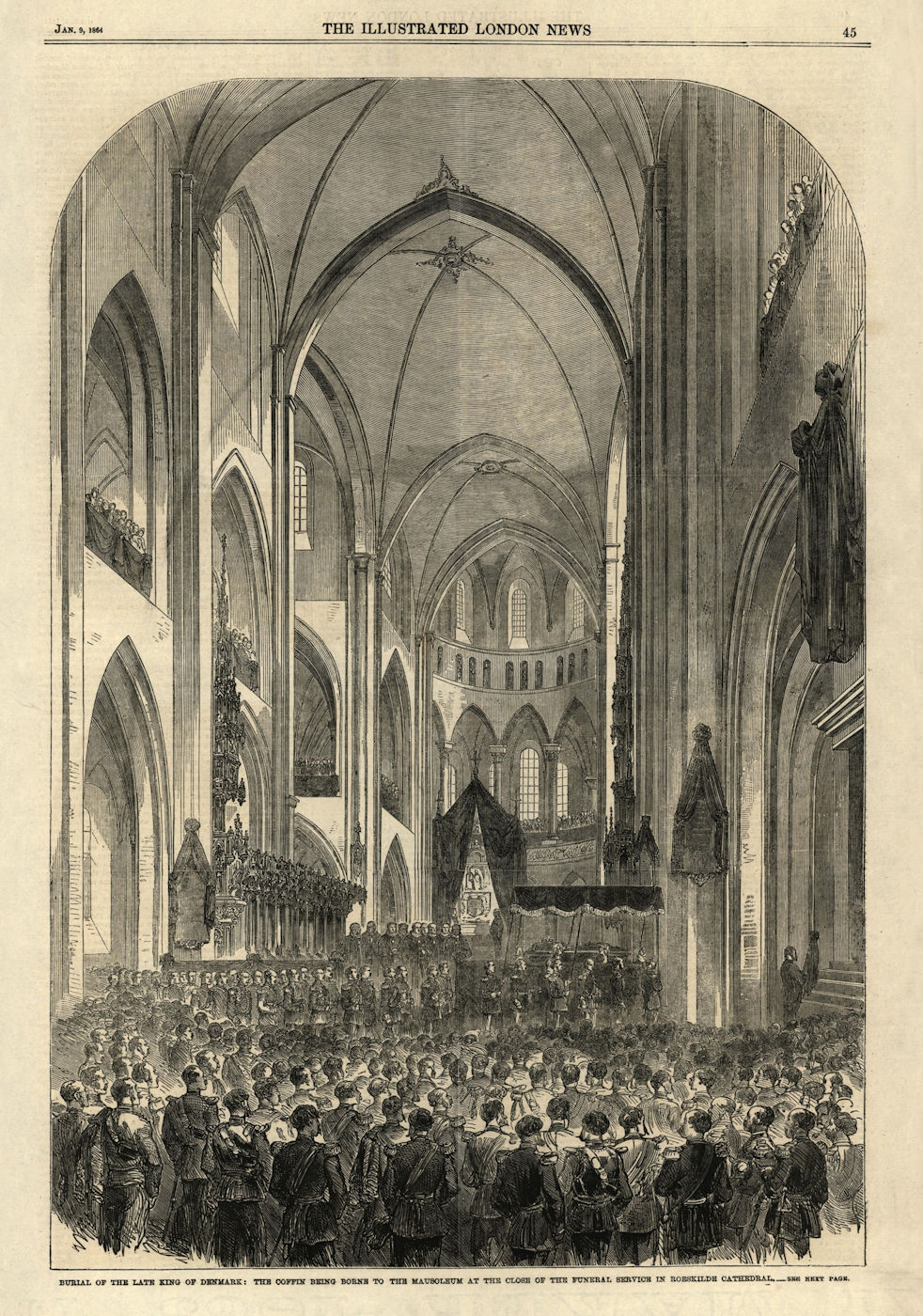King of Denmark's burial. Funeral service in Roskilde Cathedral 1864 old print