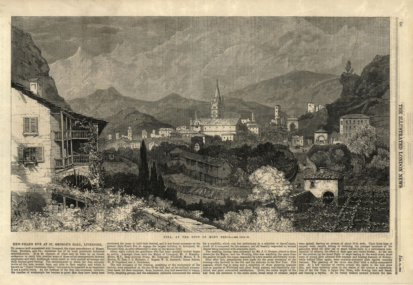 Susa, at the foot of Mont Cenis. Italy 1864 antique ILN full page print