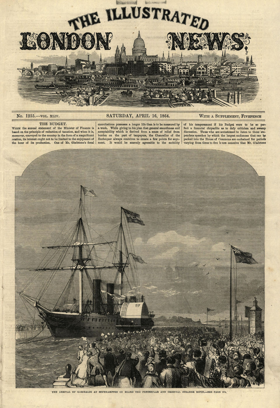 Garibaldi's arrival, Southampton on the Peninsular & Oriental steamer Ripon 1864