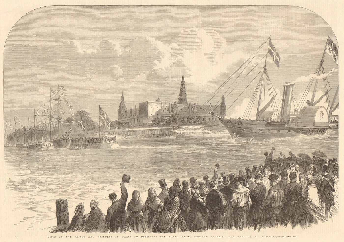 The Royal Yacht Osborne entering the harbour at Helsingor, Denmark 1864 print