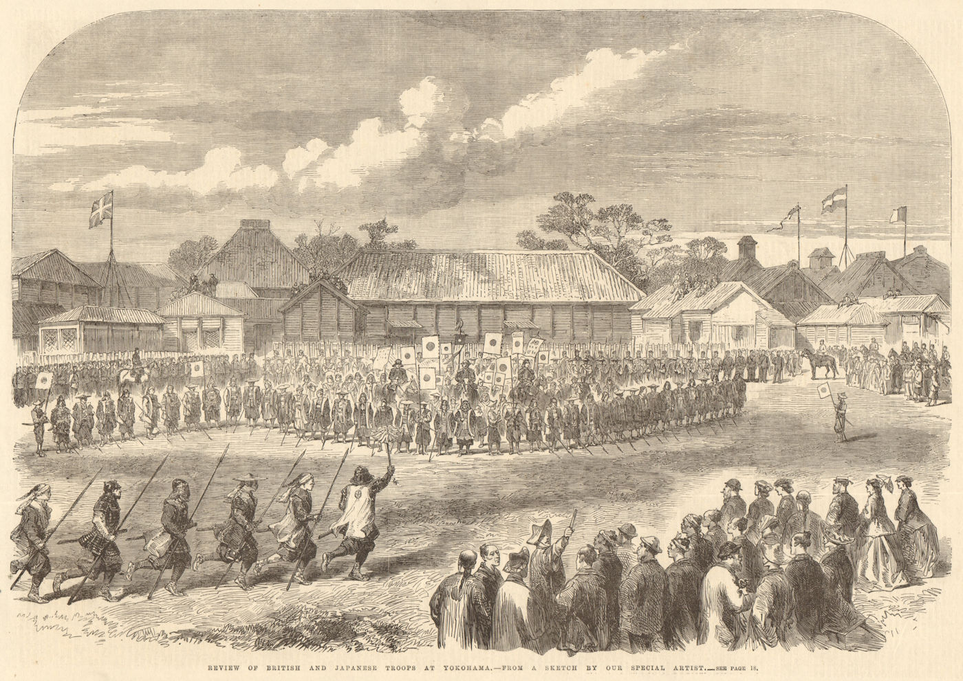 Review of British & Japanese troops at Yokohama. Militaria 1865 ILN full page