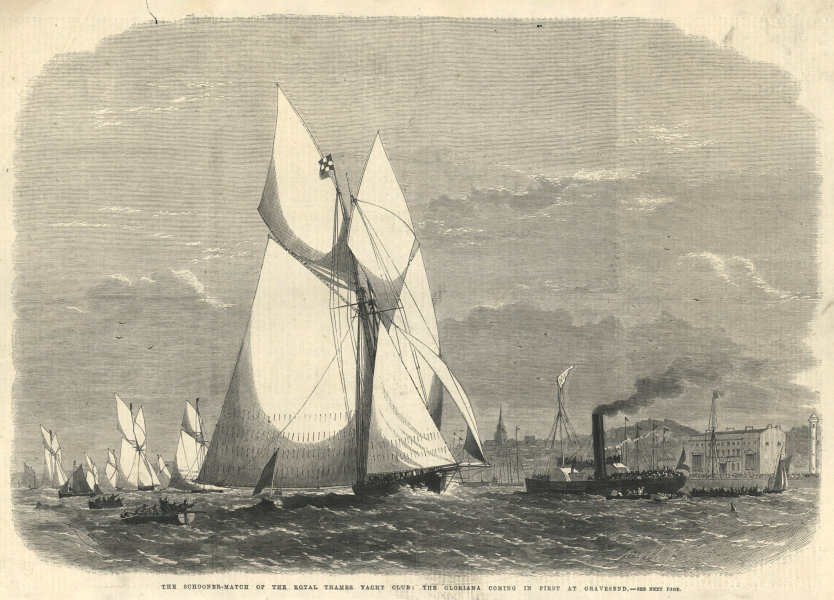 Associate Product Royal Thames Yacht Club schooner match Gloriana at Gravesend. Kent 1865 print