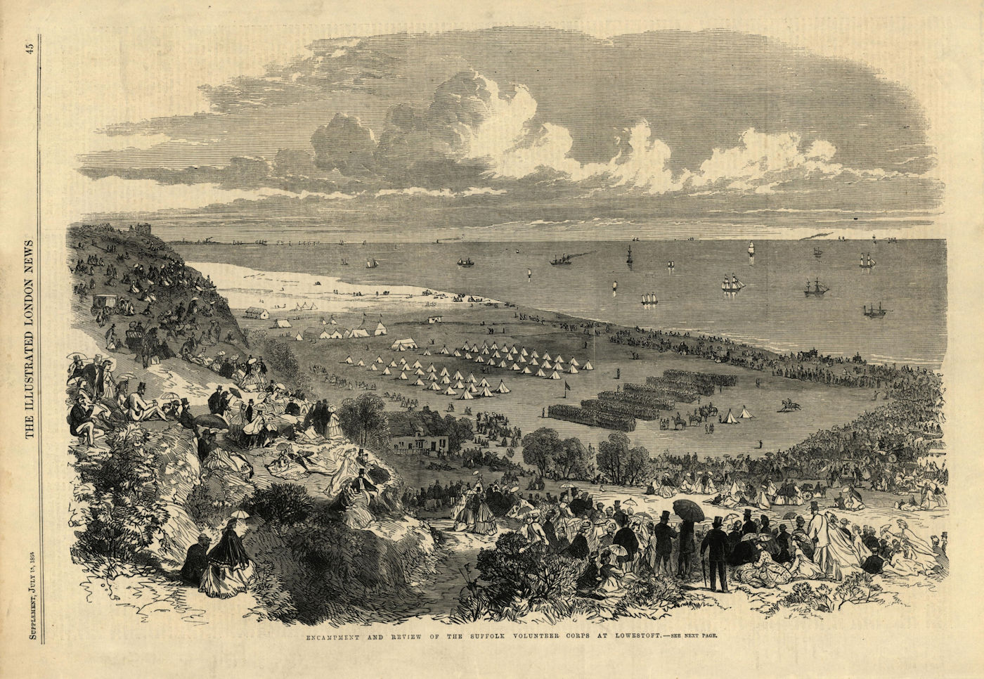 Encampment & review of the Suffolk Volunteer Corps at Lowestoft. Militaria 1865