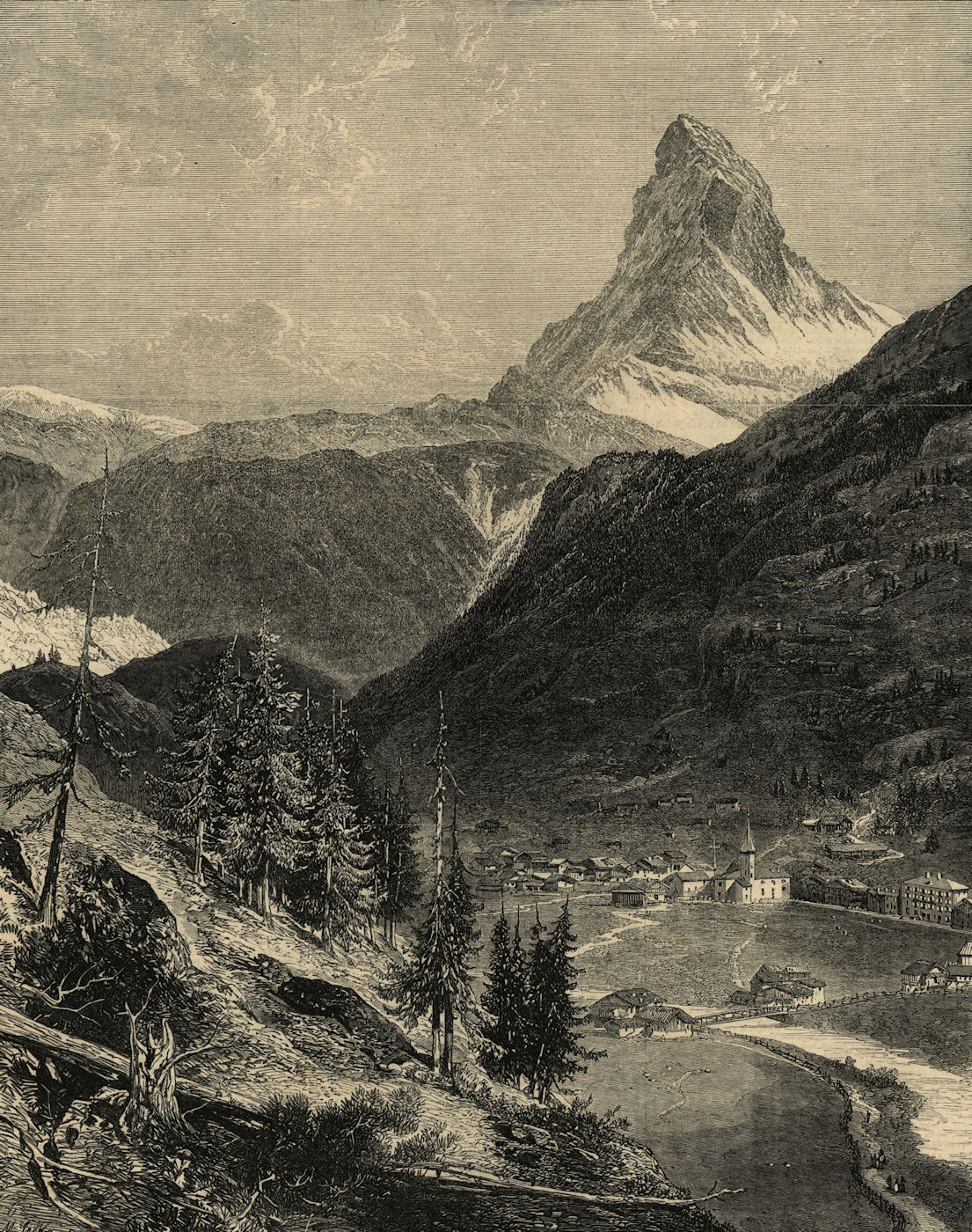 The Matterhorn with Zermatt in the foreground. Switzerland 1865 ILN full page