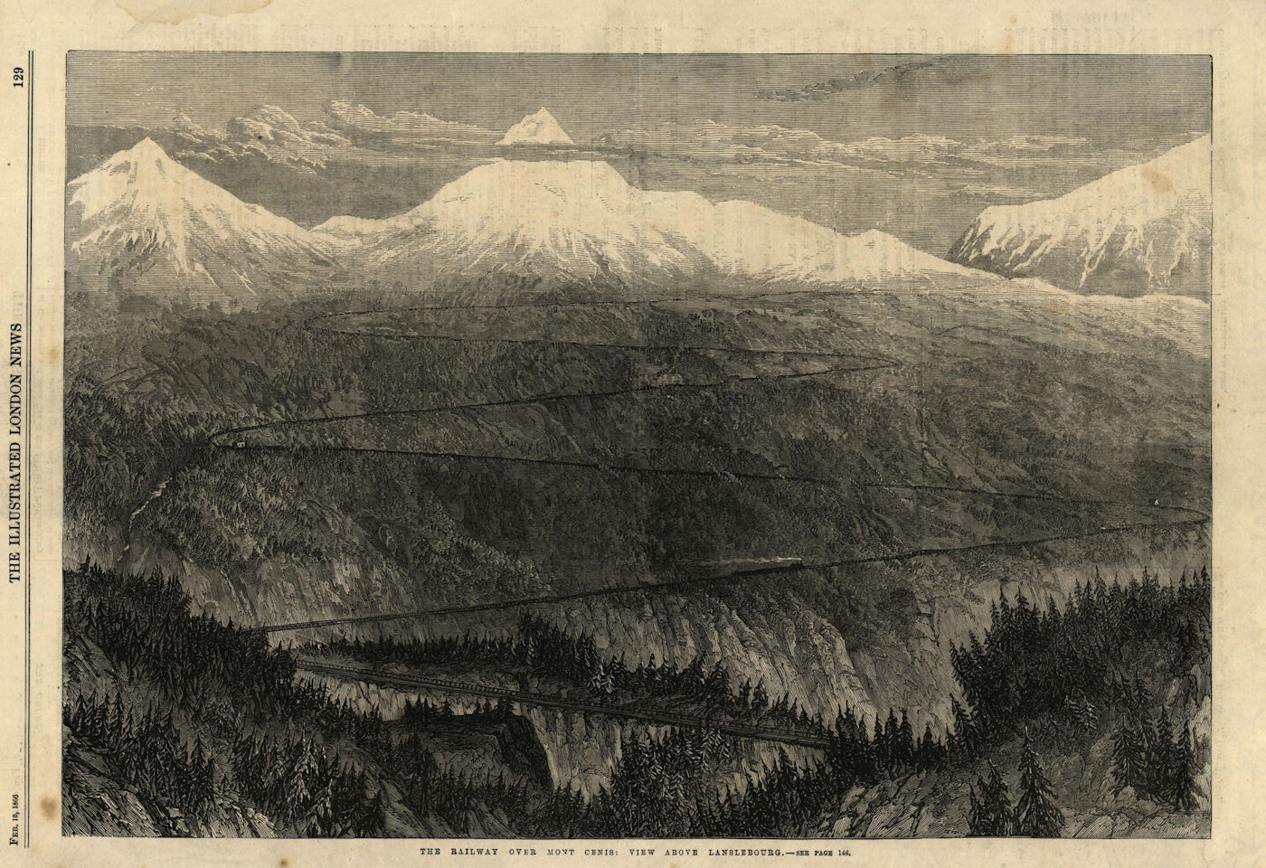 The railway over Mont Cenis: View above Lanslebourg. Savoie 1866 old print