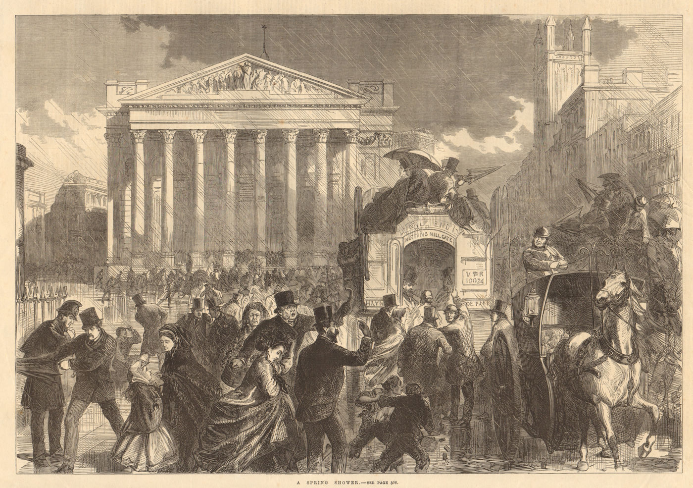 A spring shower outside the Royal Exchange, City of London 1866 old print