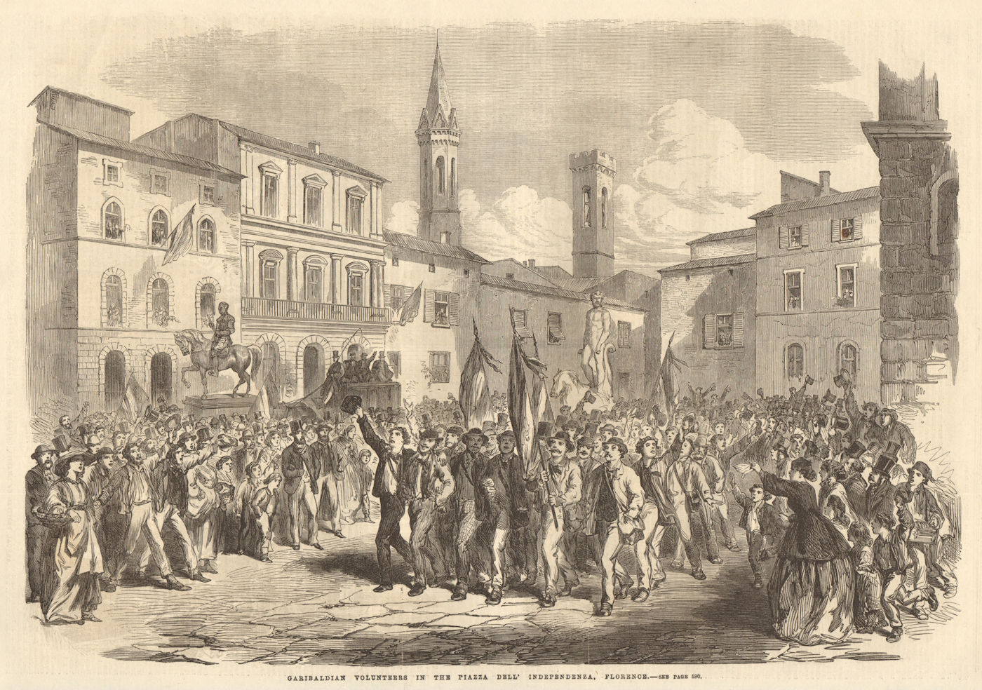 Garibaldian volunteers in the Piazza dell' Independenza, Florence. Italy 1866