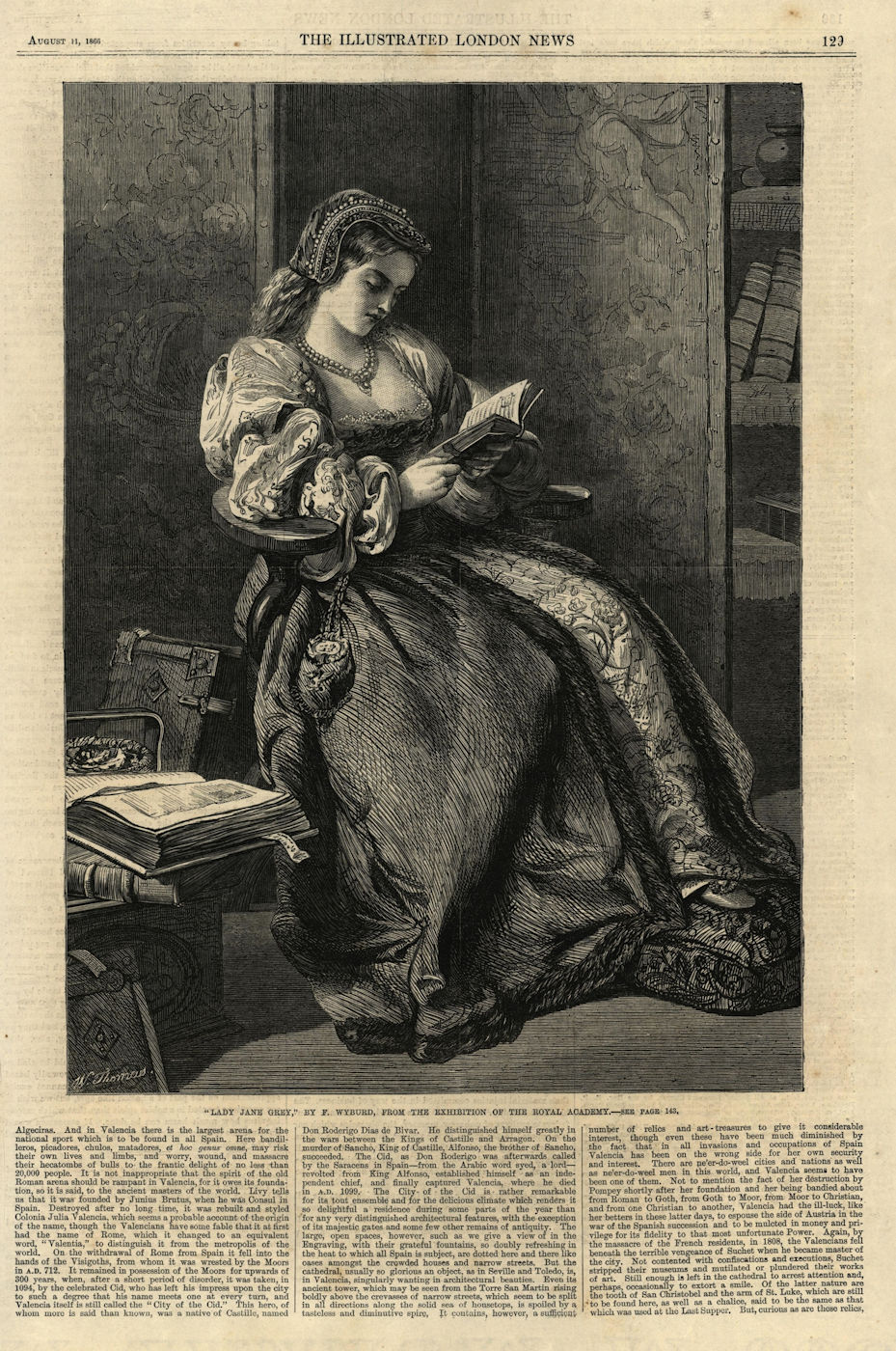 "Lady Jane Grey", by F. Wyburd. Royalty. Reading a book 1866 antique ILN page