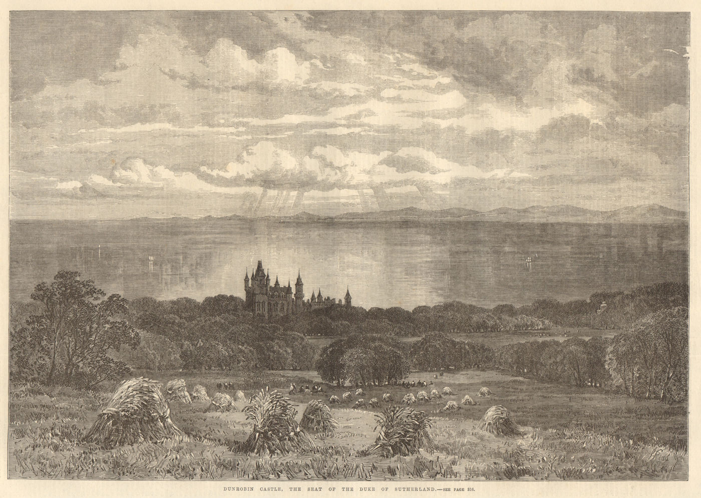 Dunrobin Castle, the seat of the Duke of Sutherland. Scotland 1866 ILN print