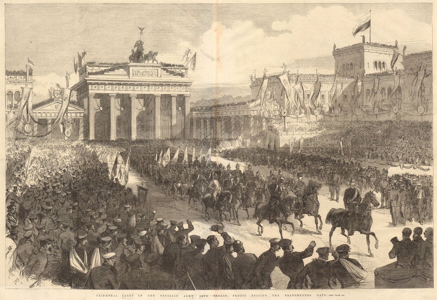 Entry of the Prussian Army into Berlin. At the Brandenburg Gate 1866 old print