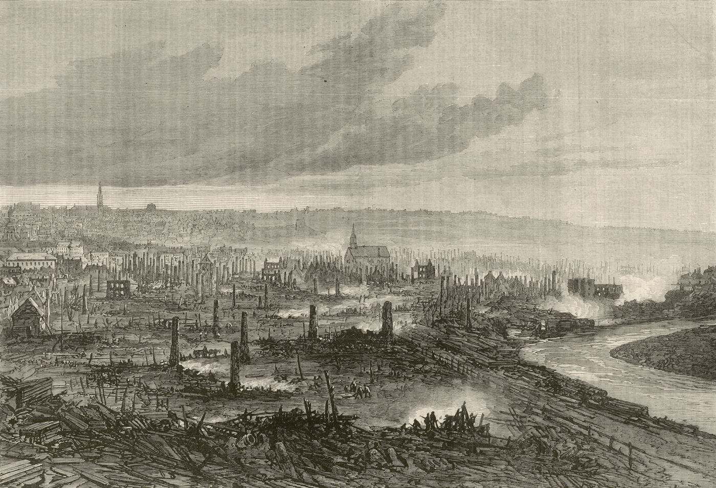 The great fire at Quebec: view from the Marine Hospital. Canada 1866 ILN print