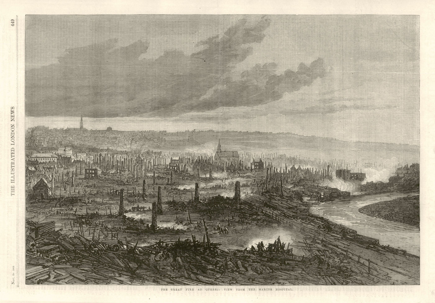 The great fire at Quebec: view from the Marine Hospital. Canada 1866 old print