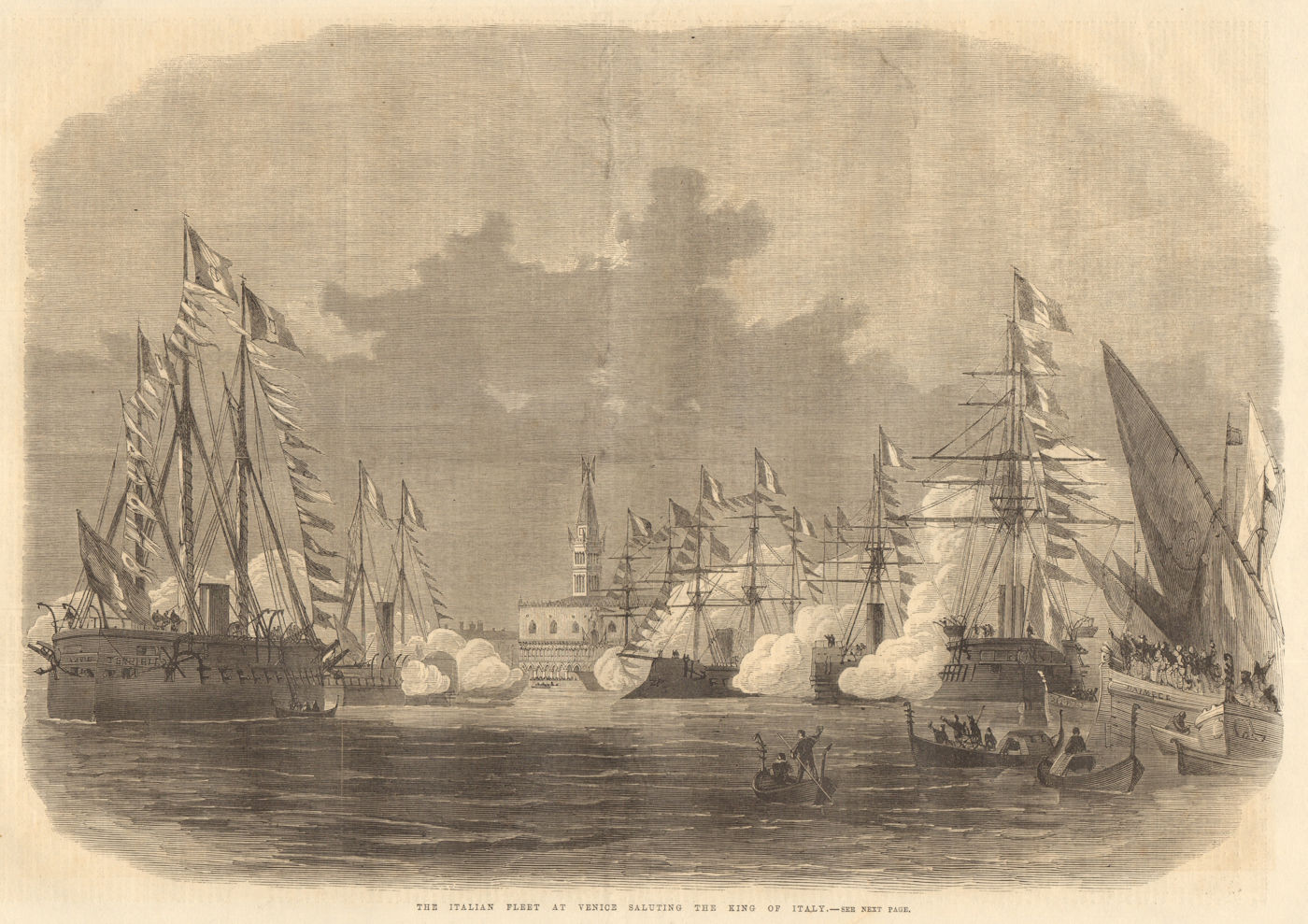 Associate Product The Italian fleet at Venice saluting the King of Italy. Ships 1866 ILN print