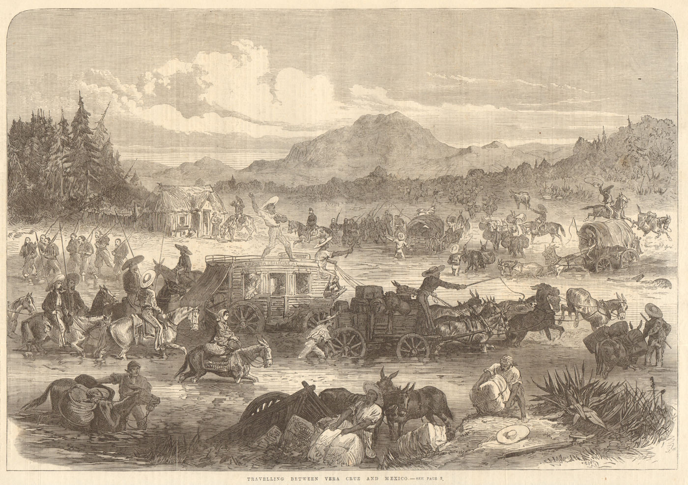 Travelling between Veracruz & Mexico City. Coaches Horses 1867 ILN full page
