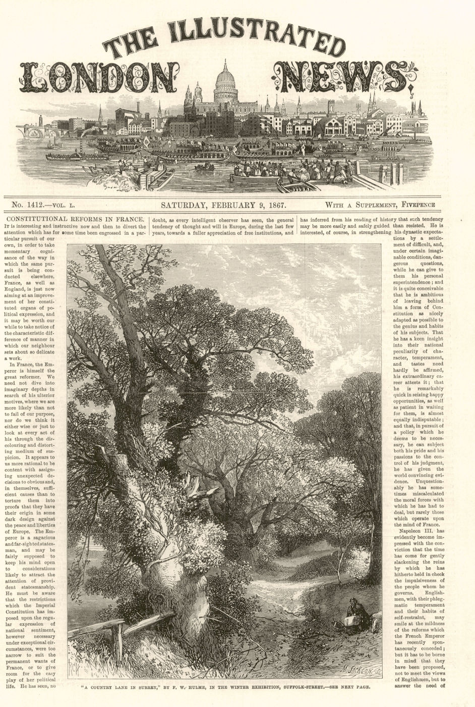 Associate Product " A country lane in Surrey, " by F. W. Hulme 1867 antique ILN full page print