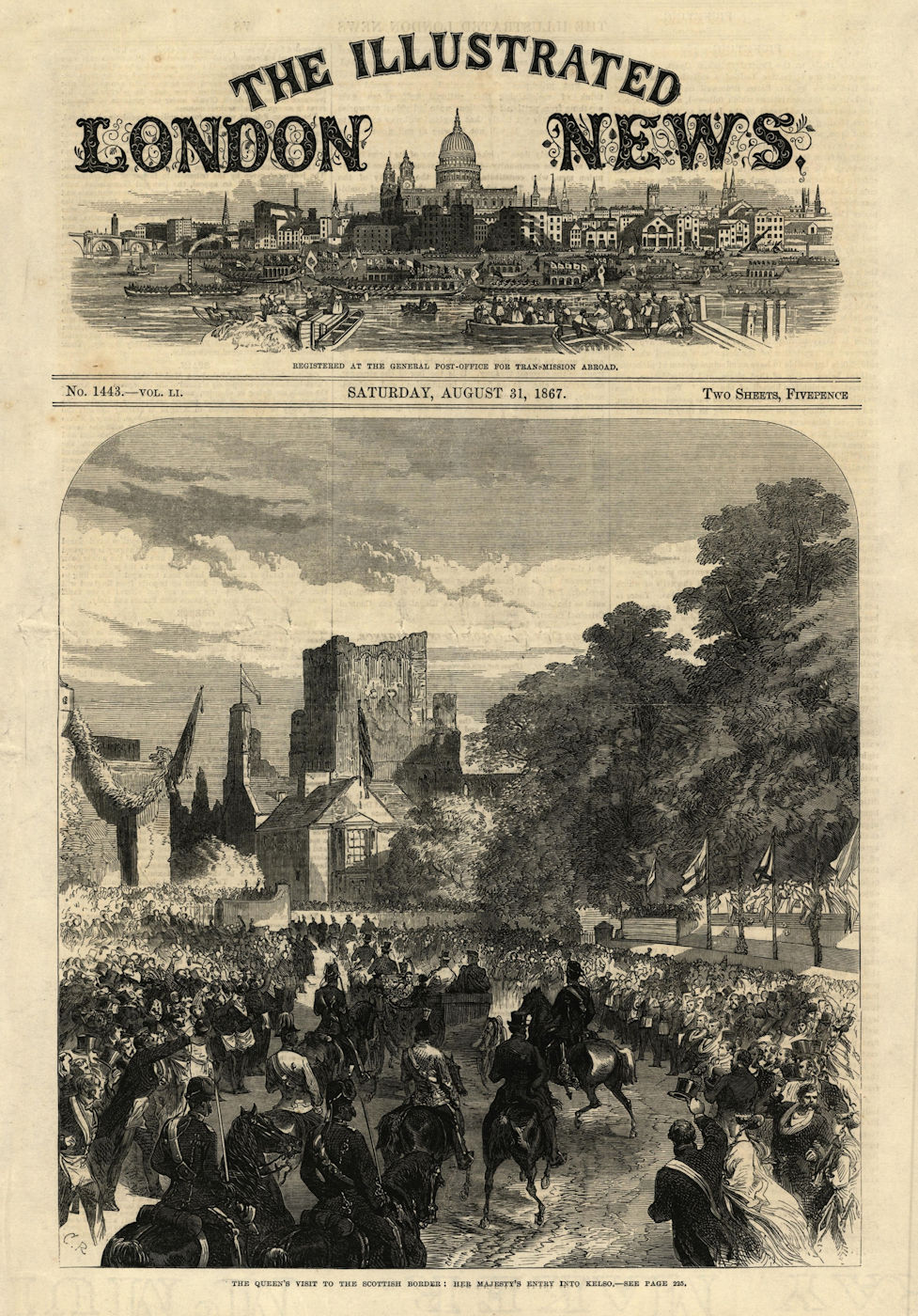 Associate Product Queen Victoria's entry into Kelso. Scotland 1867 antique ILN full page print