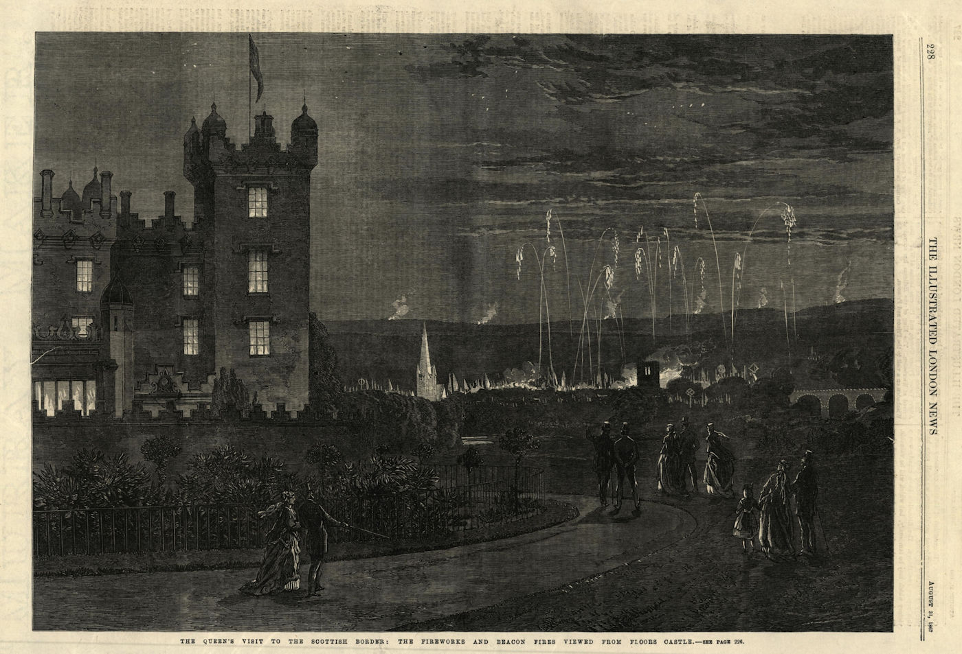 Fireworks & beacon fire from Floors Castle, Kelso, Scotland 1867 old print