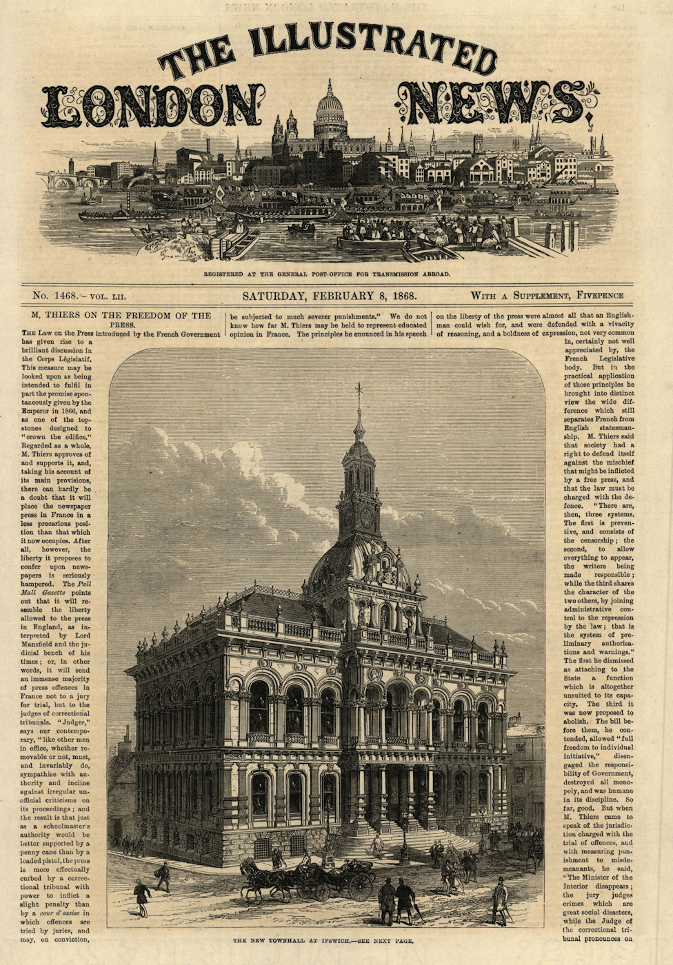 Associate Product The new town hall at Ipswich. Suffolk. Buildings 1868 antique ILN full page