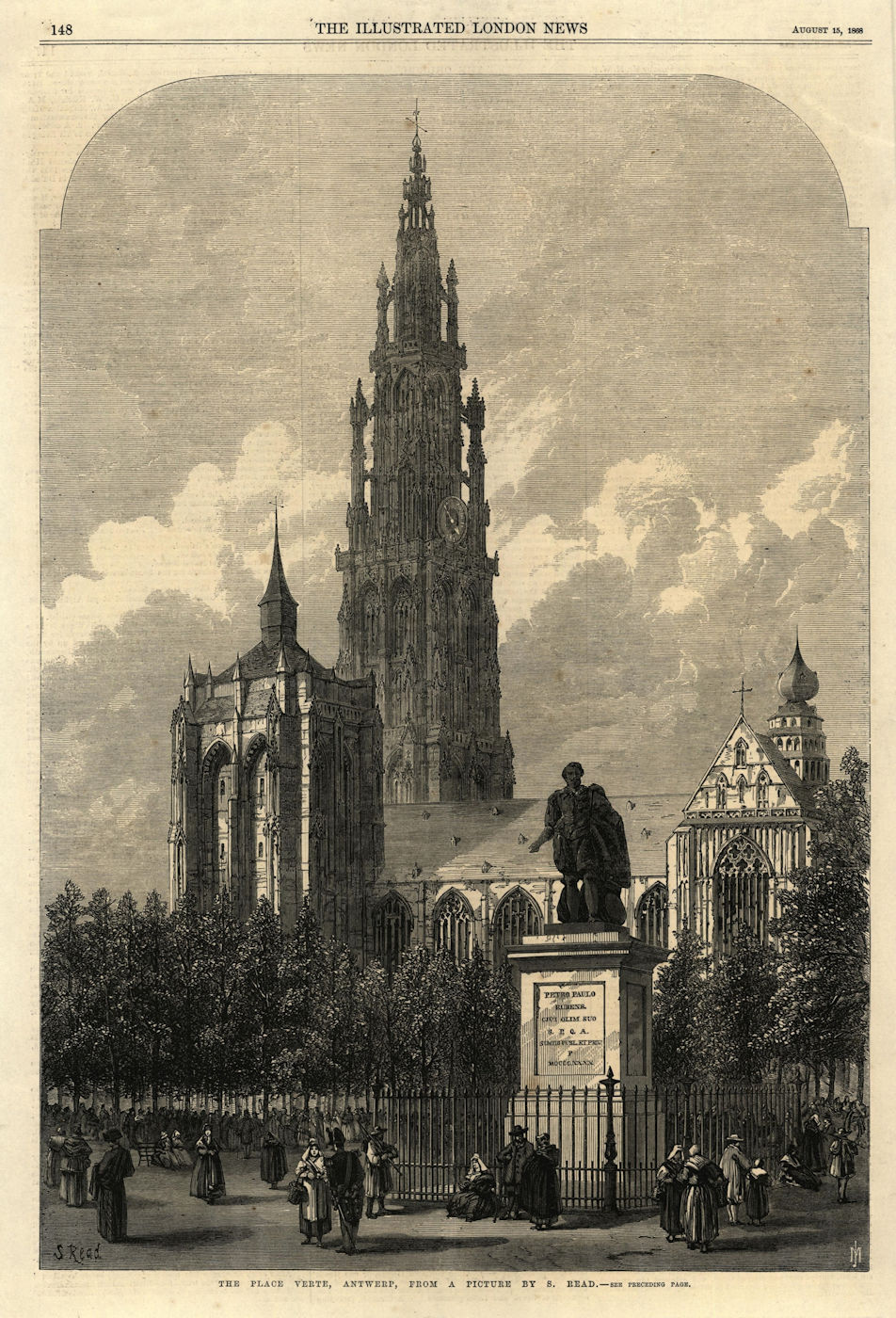 The Place Vert, Antwerp. Belgium 1868 old antique vintage print picture
