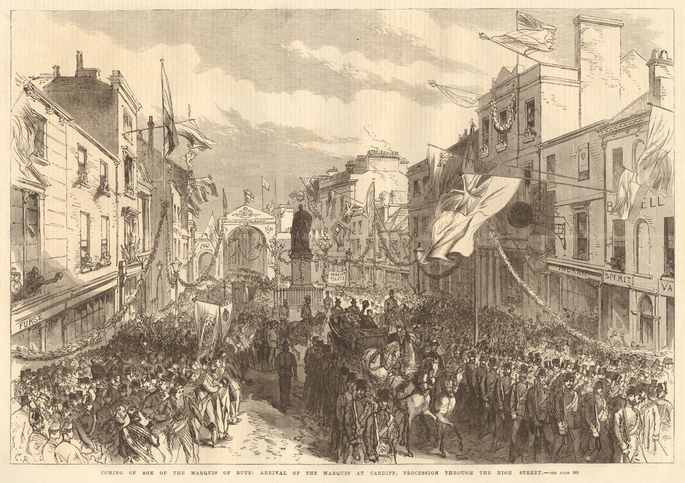 The Marquis of Bute's coming of age. Procession through Cardiff High Street 1868