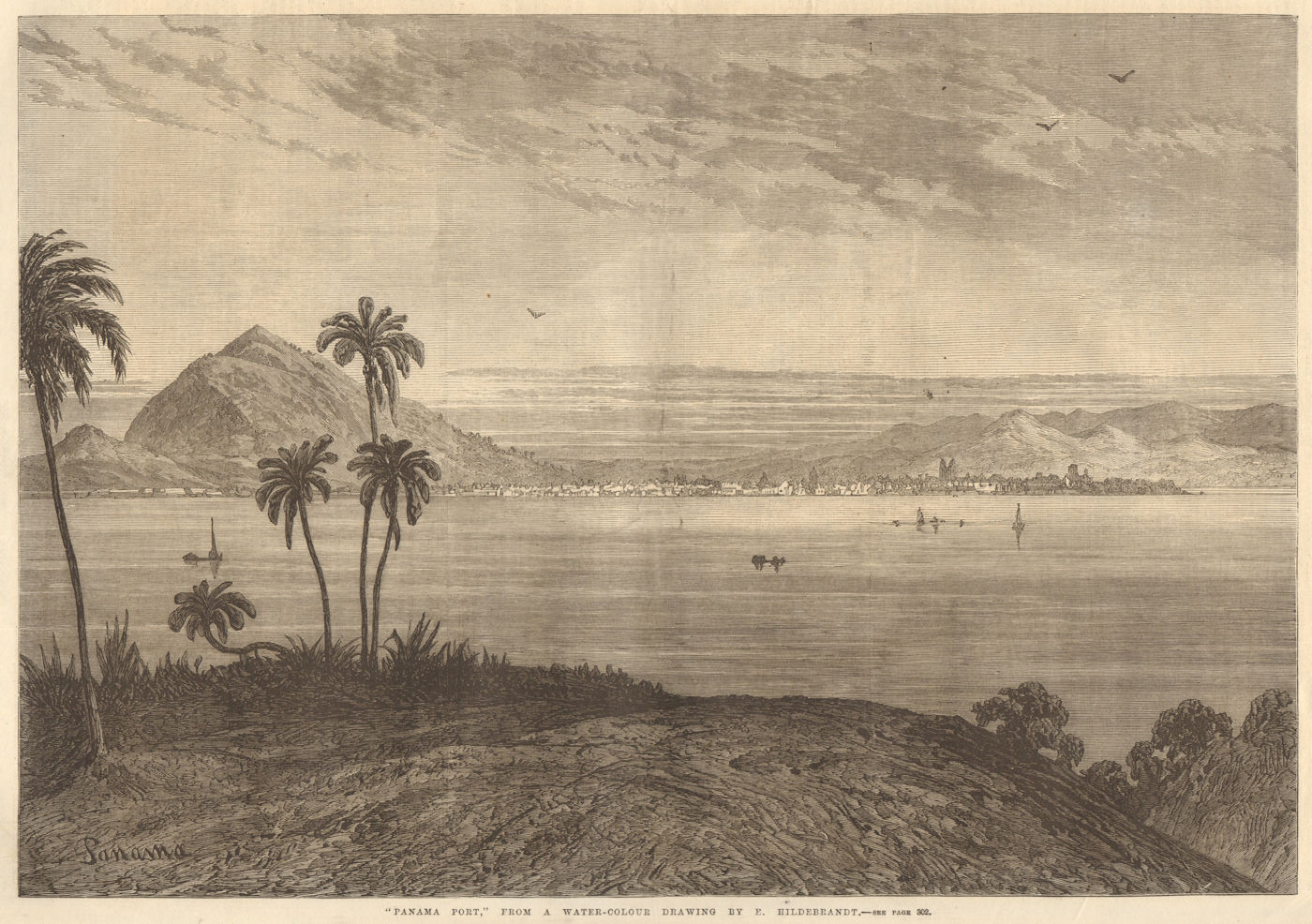 Associate Product "Panama Port" from a water-colour by E. Hildebrandt. Panama City 1868