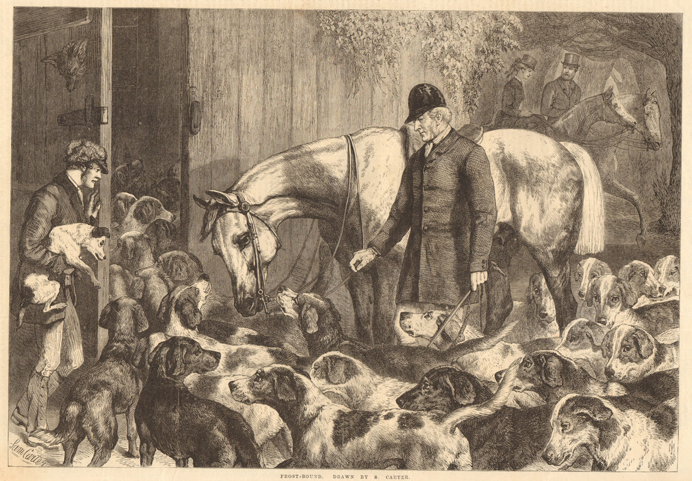 Associate Product Frost-bound. drawn by S. Carter. Hunting. Dogs 1868 antique ILN full page print