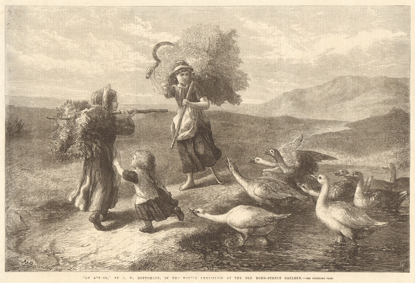 "An attack", by J. W. Bottomley. Children. Farming Geese 1869 old print