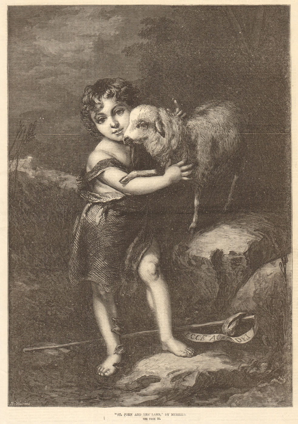 "St. John & the lamb, ~ by Murillo. Fine Arts. Bible 1870 old antique print