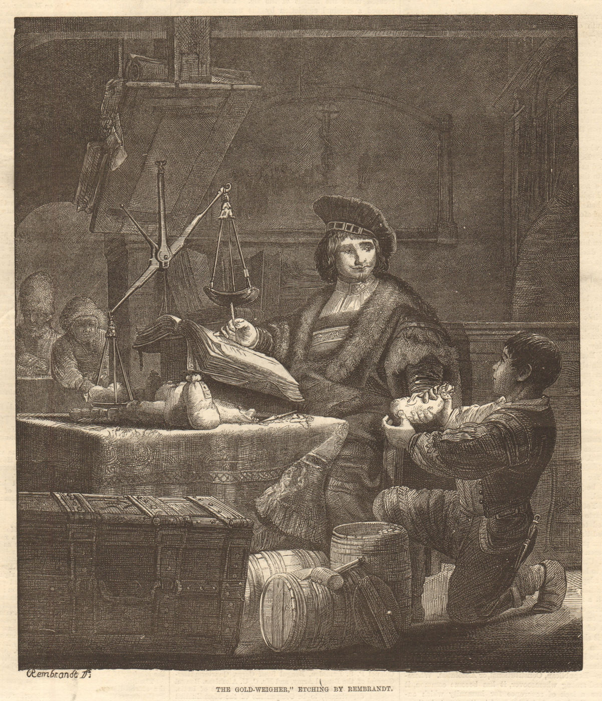 Associate Product "The gold-weighter", etching by Rembrandt. Fine Arts 1870 ILN full page print