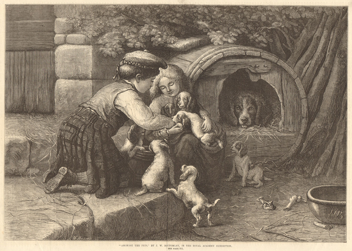 Associate Product "Amongst the pets", by J. W. Bottomley. Puppies Family Dogs 1870 old print