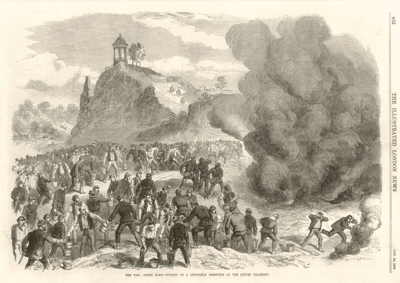 Franco-Prussian War: Paris burning petroleum reservoir Buttes Chaumont 1870